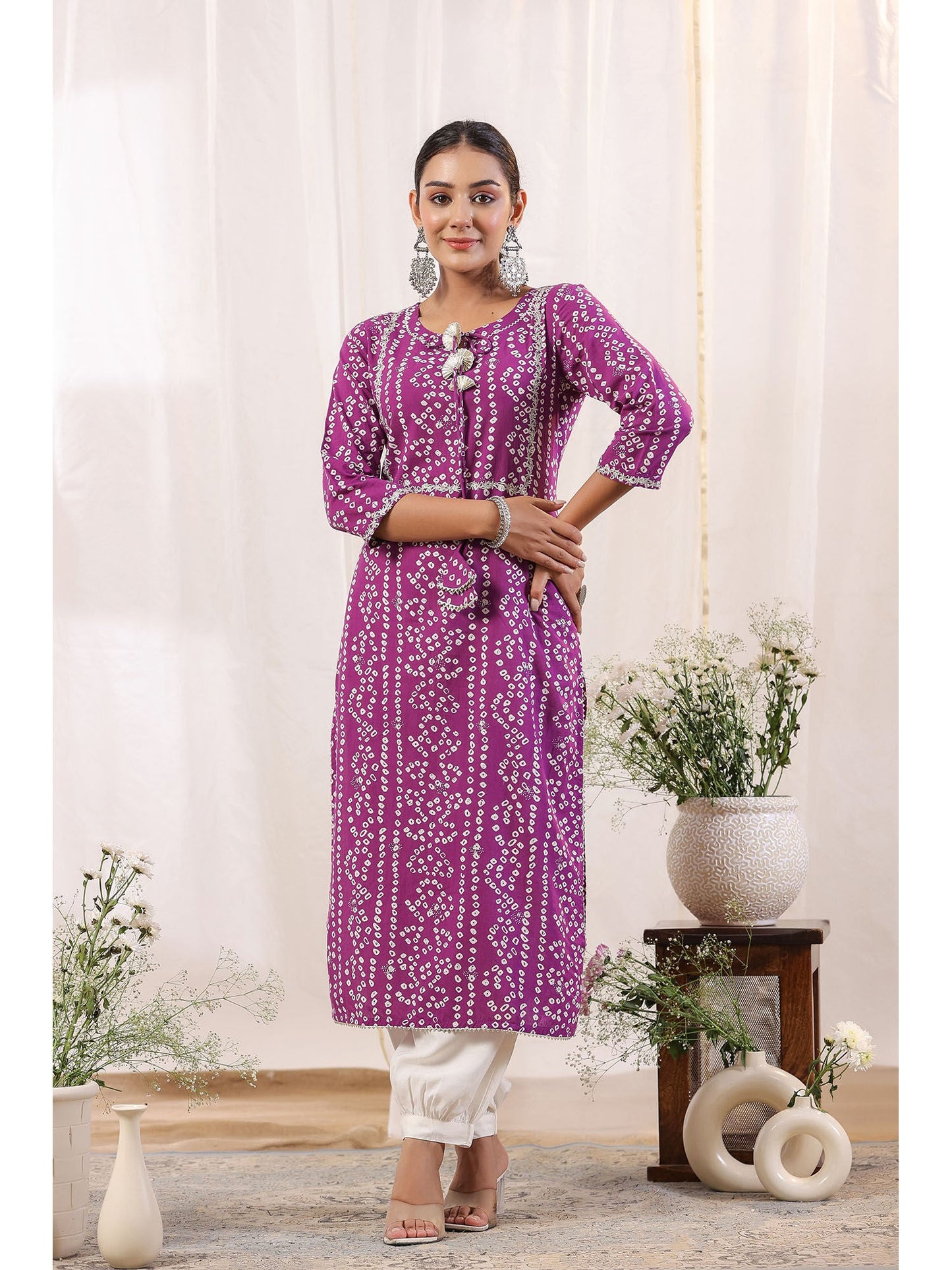 ISHIN Women's Purple & White Bandhani Printed Gotta Patti Cotton Straight Kurta