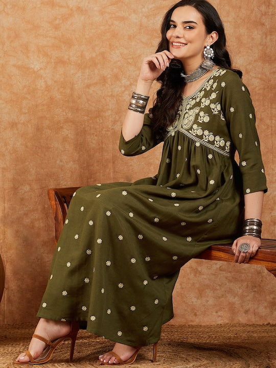 Sangria Floral Embroidered V-Neck Empire Anarkali Kurta