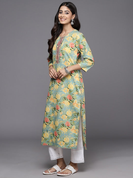 Varanga Floral Printed Mirror Work Pure Cotton Kurta