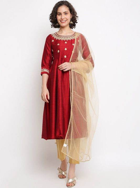 IMARA Floral Embroidered Brocade Kurta & Trouser With Dupatta