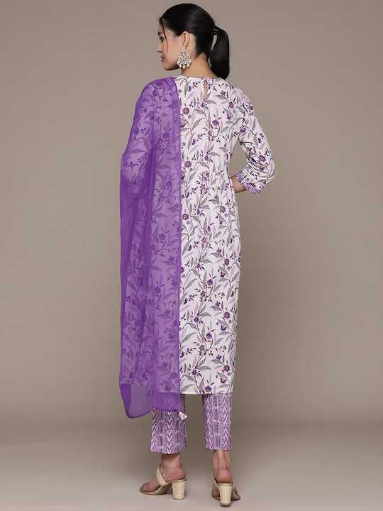 Readiprint Fashions Floral Printed Pleated Thread Work Pure Cotton Kurta Set