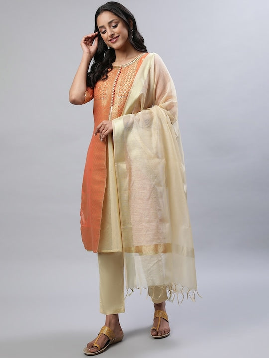 Aurelia Ethnic Motifs Woven Design Sequined A-Line Kurta with Trousers & Dupatta