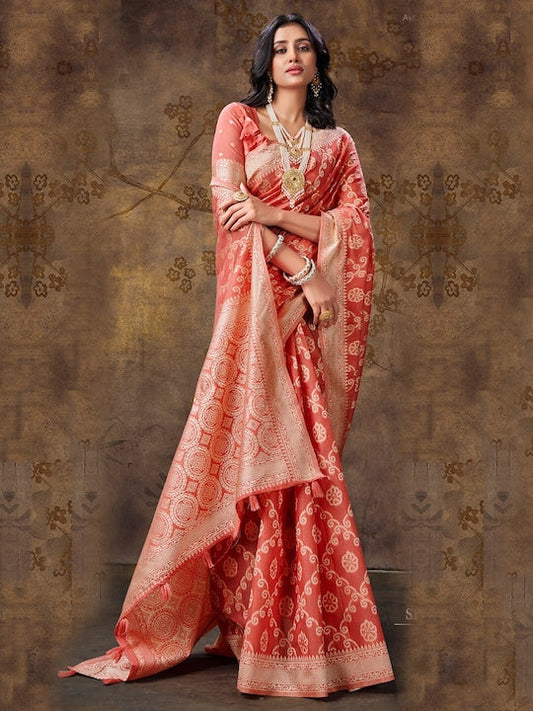 Sangria Rust Ethnic Motifs Woven Design Zari Banarasi Sarees
