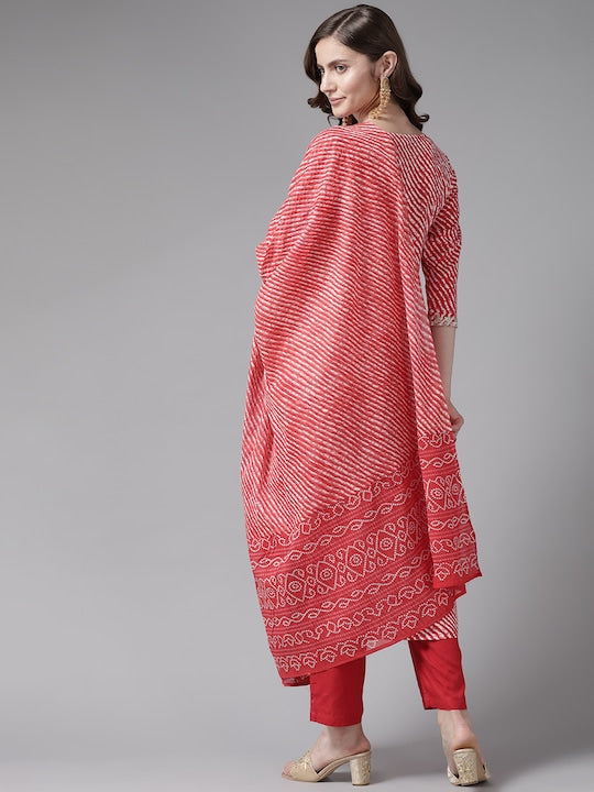 Yufta Women Red Leheriya Printed Zardozi Kurta with Trousers & With Dupatta