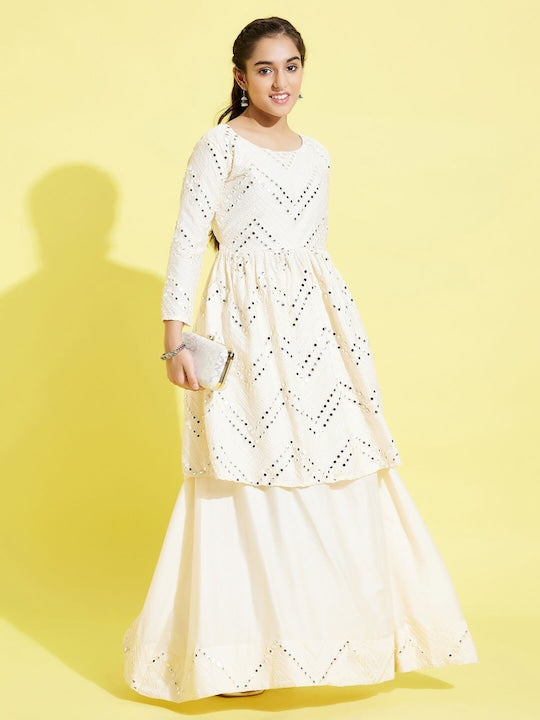 Vastramay Girls Cream-Coloured Embellished Mirror Work Ready to Wear Lehenga