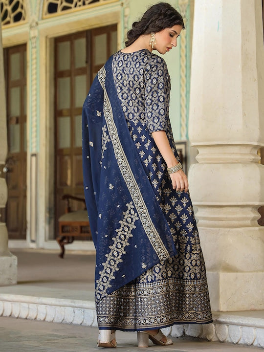 Scakhi Ethnic Motifs Printed Fit & Flared Maxi Ethnic Dress With Dupatta