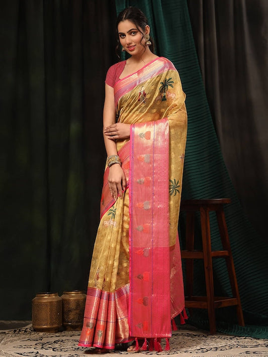 Silk Land Kalamkari Printed Woven Design Zari Art Silk Banarasi Saree