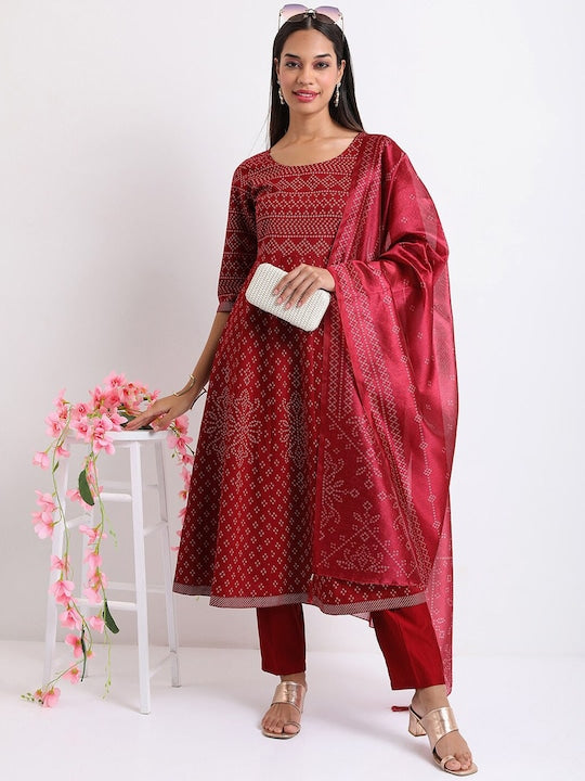Vishudh Maroon Ethnic Motifs Printed Regular Kurta with Trousers & With Dupatta