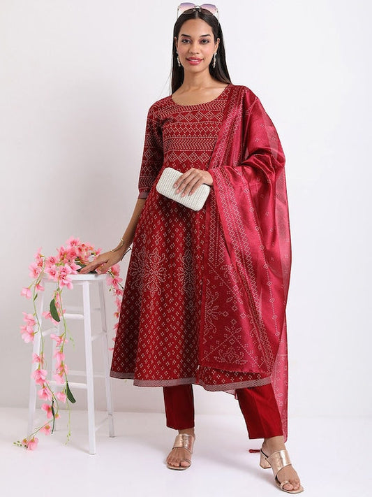 Vishudh Maroon Ethnic Motifs Printed Regular Kurta with Trousers & With Dupatta