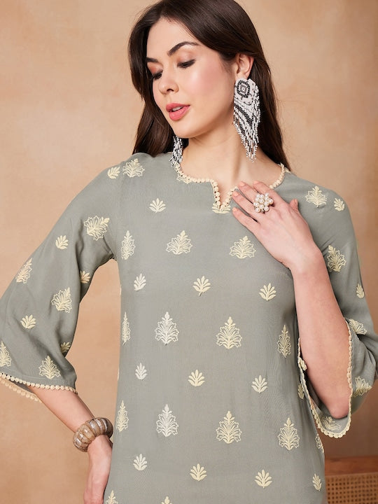 House of Pataudi Ethnic Motifs Embroidered Pure-Cotton Straight Kurta