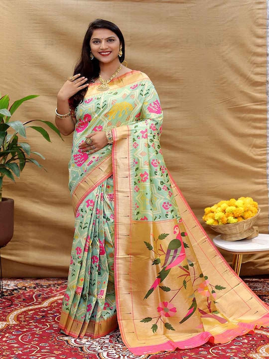 Mitera Green & Pink Ethnic Motifs Zari Art Silk Saree