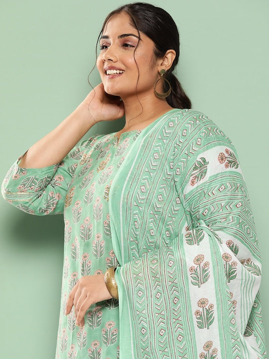Yufta Women Plus Size Floral Printed Pure Cotton Kurta with Harem Pants & With Dupatta