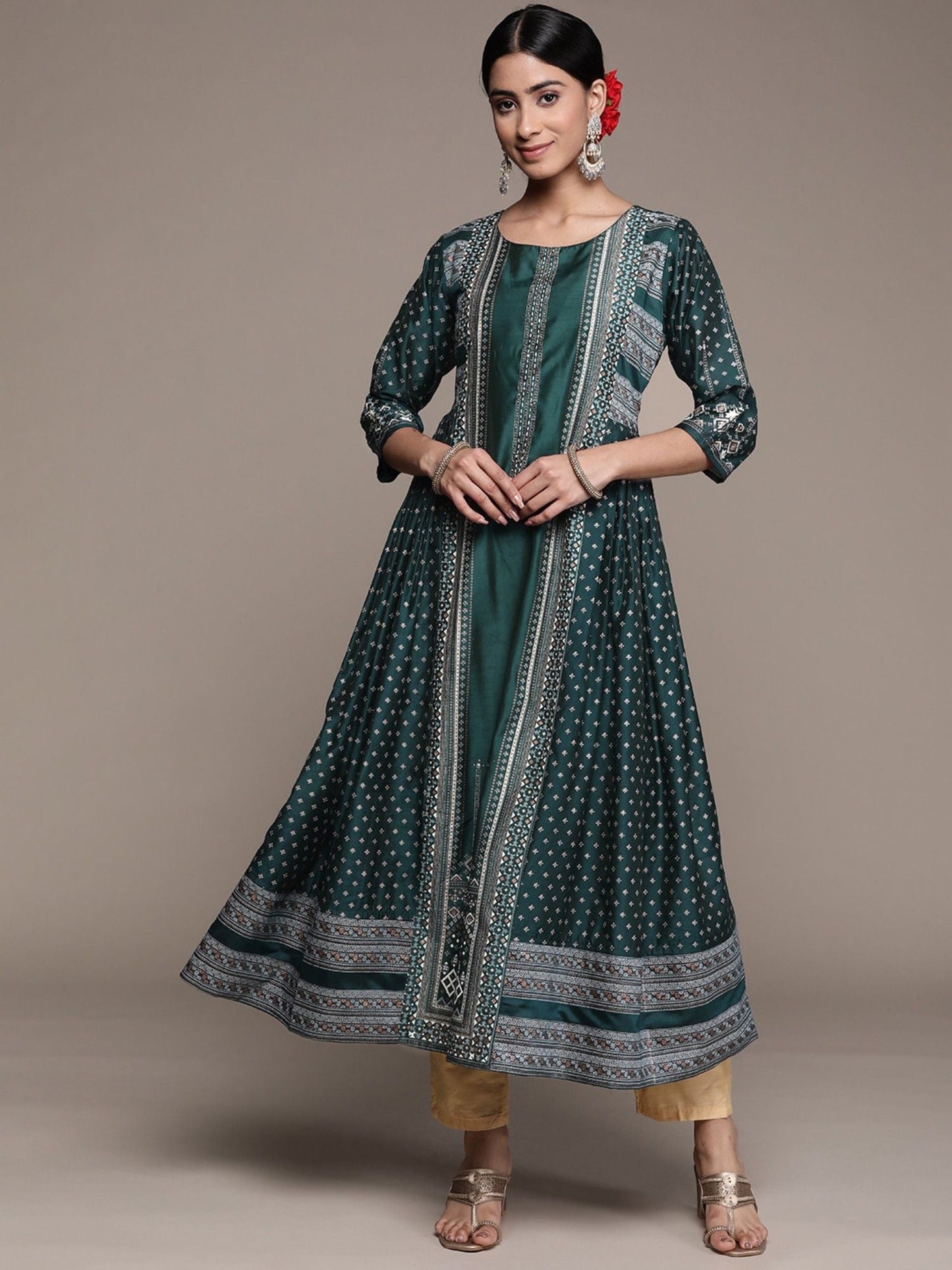 ISHIN Womens Silk Blend Teal Embellished Anarkali Kurta