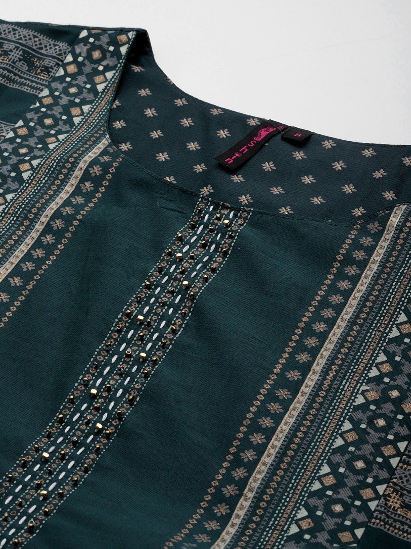 ISHIN Womens Silk Blend Teal Embellished Anarkali Kurta