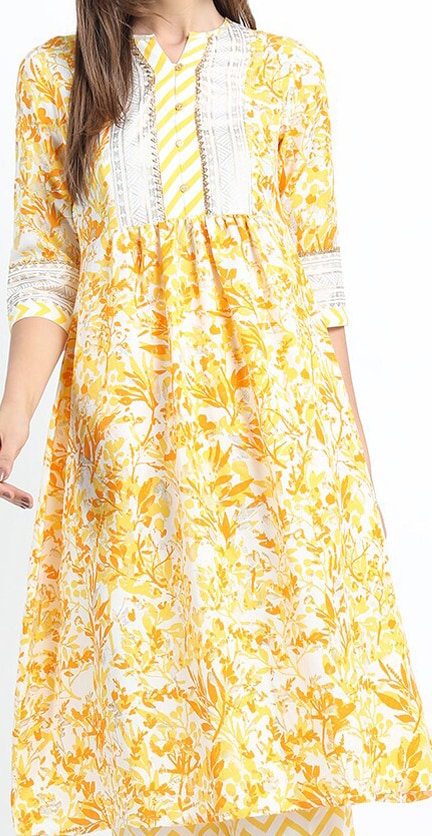 Vishudh Women Mustard Yellow & White Floral Printed Kurta with Palazzos