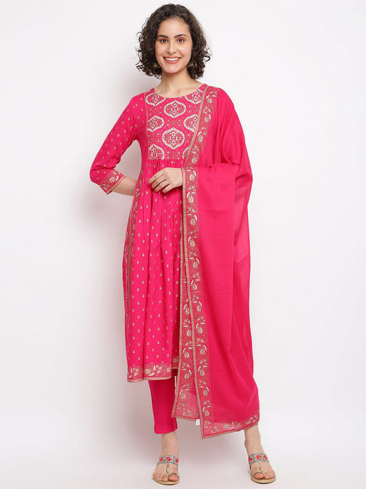 IMARA Ethnic Motifs Printed Pleated Gotta Patti A-Line Kurta with Trousers & With Dupatta