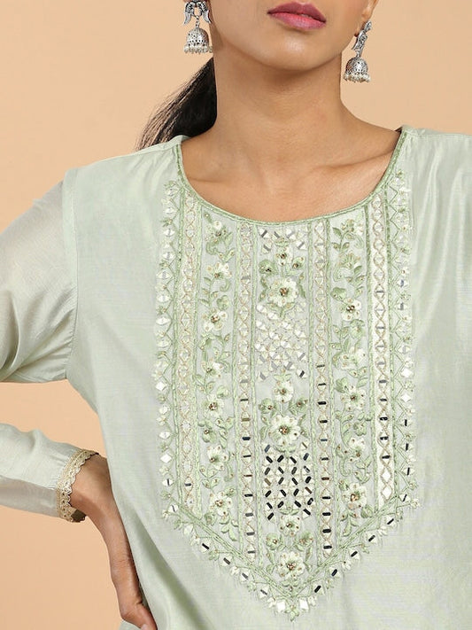 Soch Women Green Ethnic Motifs Yoke Design Mirror Work Straight Fit Chanderi Kurta - XL