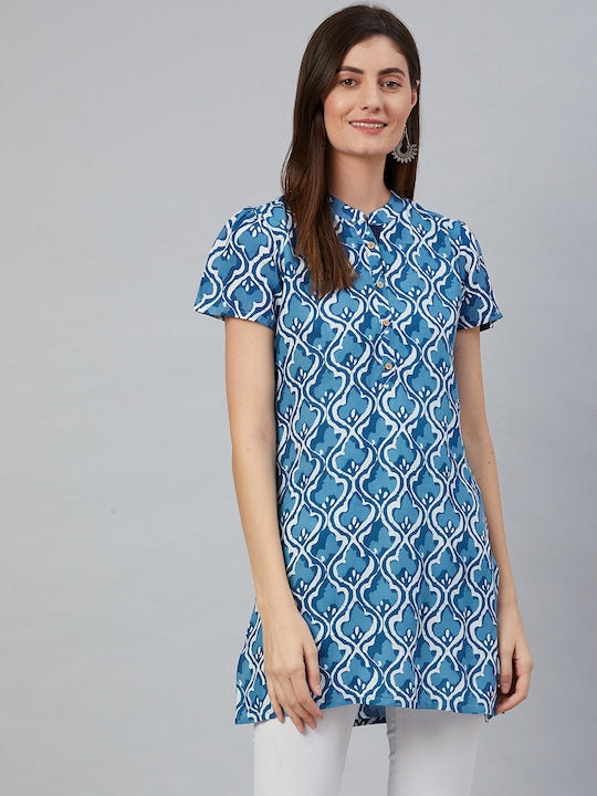 Anubhutee Blue & White Geometric Printed Kurti