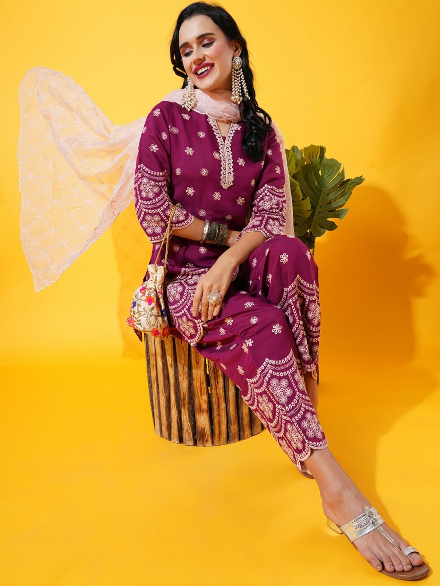 Heeposh Women Magenta Floral Embroidered Kurta with Dupatta (Set of 3)