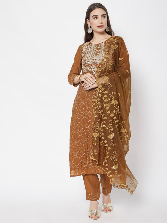 Heeposh Women Mustard Floral Embroidered Kurta with Dupatta (Set of 3)