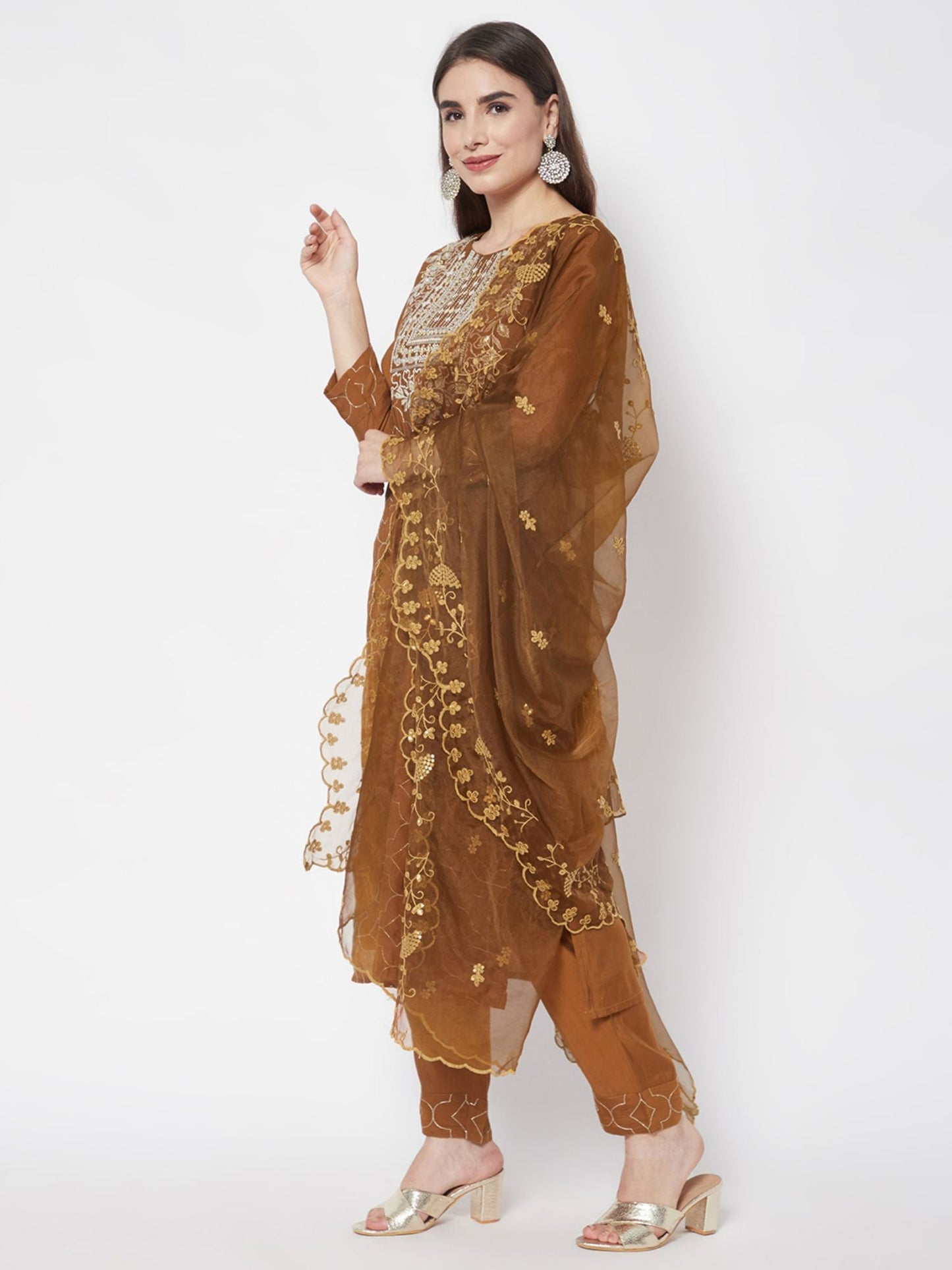Heeposh Women Mustard Floral Embroidered Kurta with Dupatta (Set of 3)