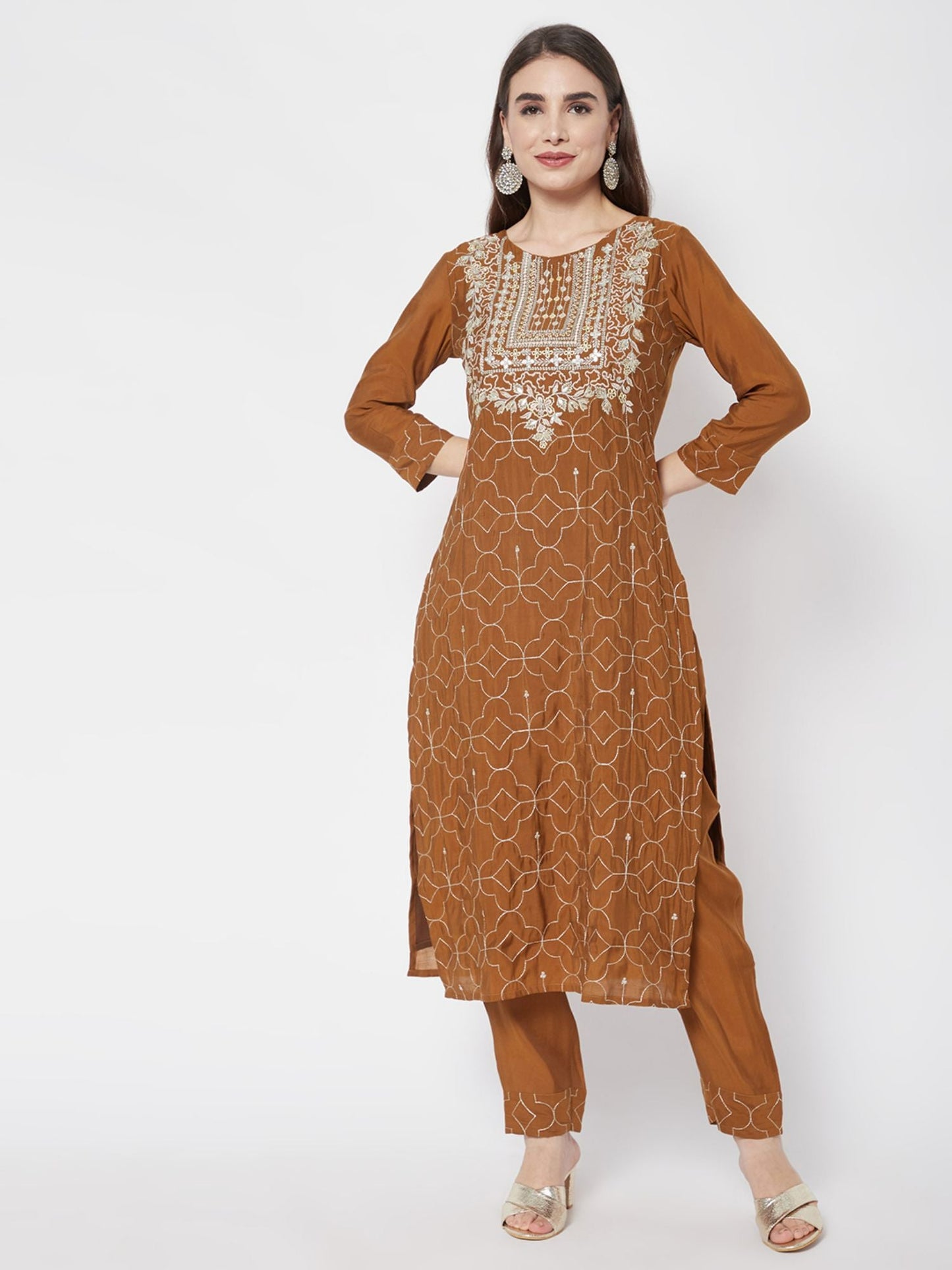 Heeposh Women Mustard Floral Embroidered Kurta with Dupatta (Set of 3)