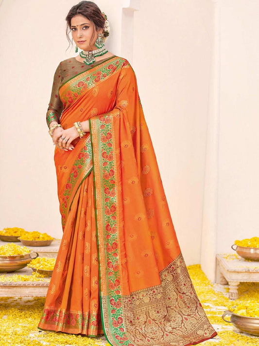 Odette Womens Orange Silk Woven Design Saree with Unstitched Blouse