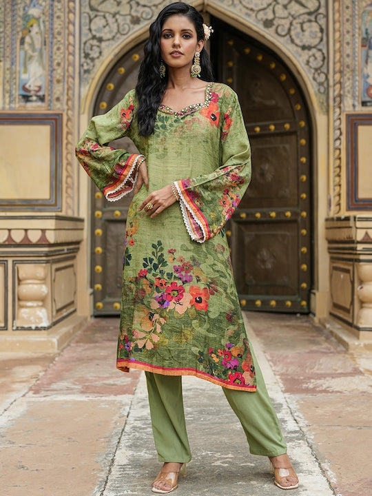 Scakhi Floral Printed Regular Mirror Work Silk Crepe Kurta with Trousers & Dupatta