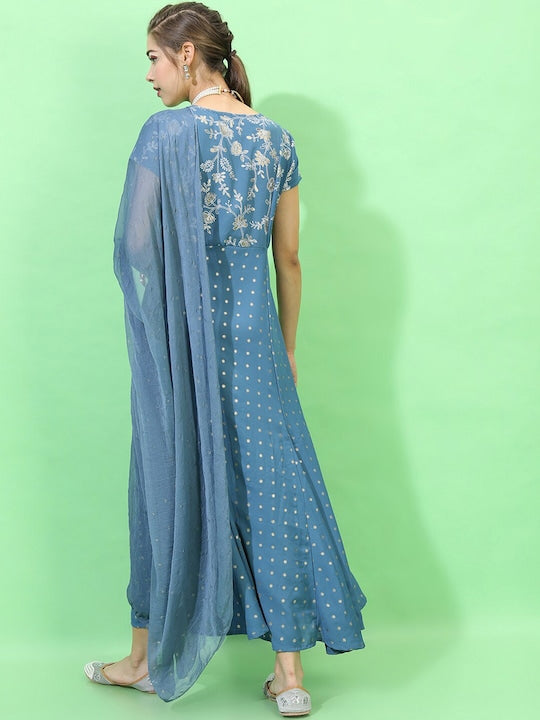 Vishudh Teal Ethnic Motifs Ethnic Maxi Dress