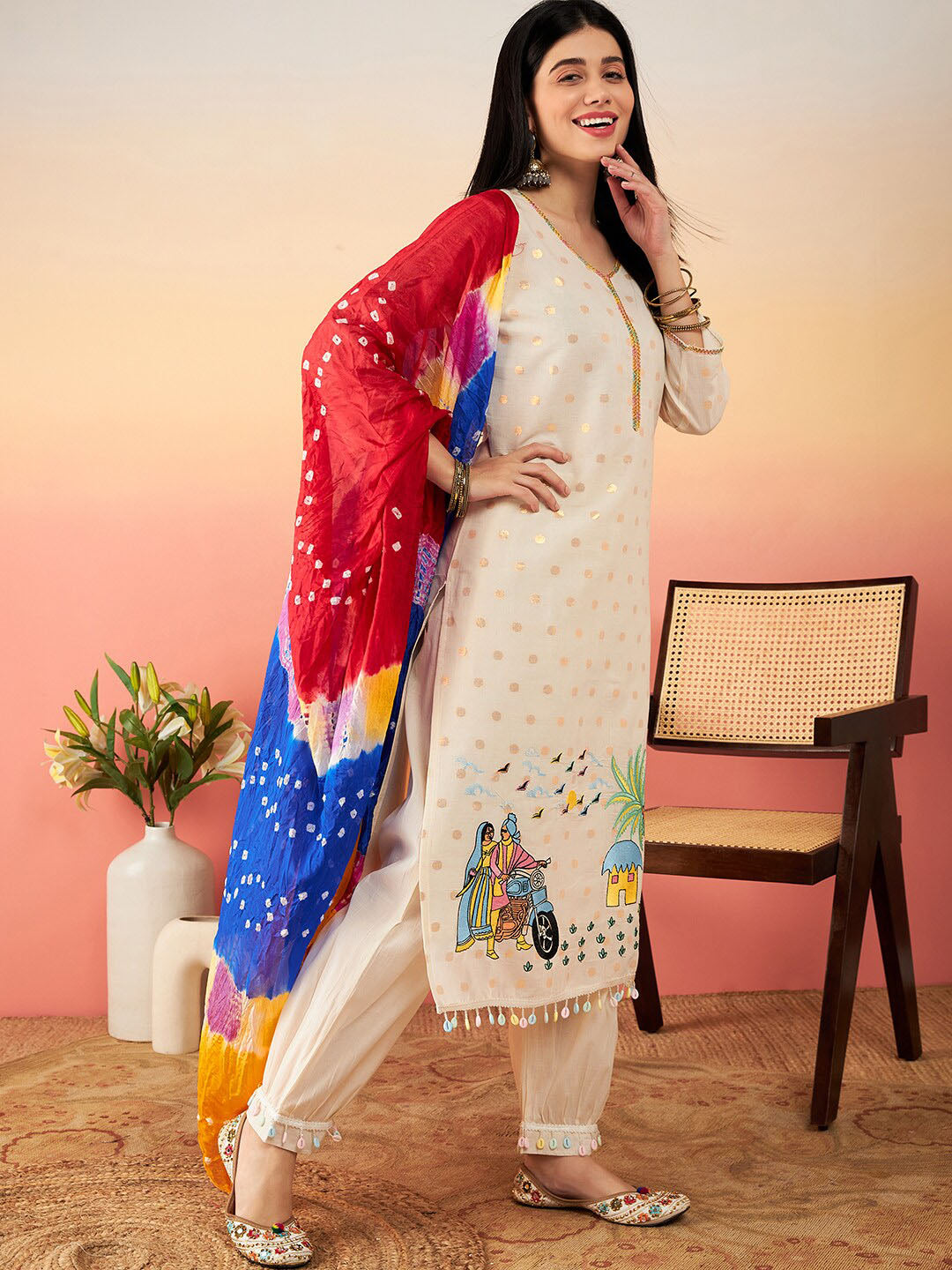 Sangria Ethnic Motifs Printed Pure Cotton Straight Kurta With Salwar & Dupatta