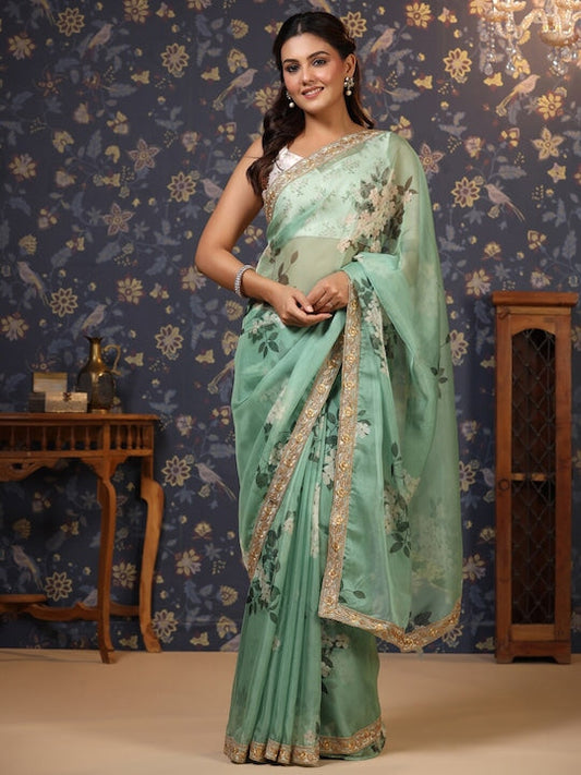 House of Pataudi Floral Printed Embroidered Organza Saree