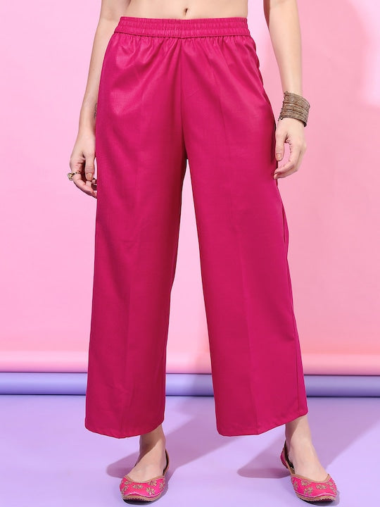 Vishudh Women Pink Floral Yoke Design Kurti with Trousers & With Dupatta