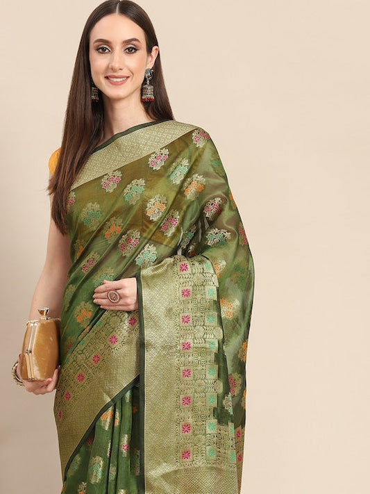 All about you Green & Golden Woven Design Organza Saree
