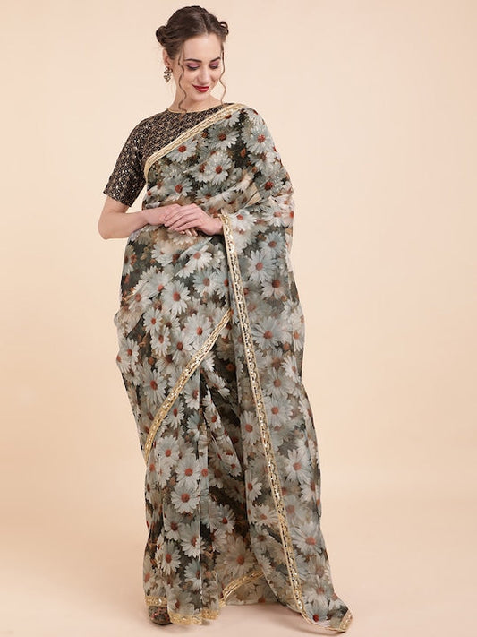 Sangria Black & Gold-Toned Floral Sequinned Organza Saree
