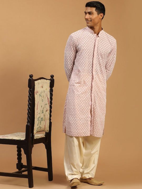 Vastramay Geometric Embroidered Mandarin Collar Chikankari Kurta With Salwar
