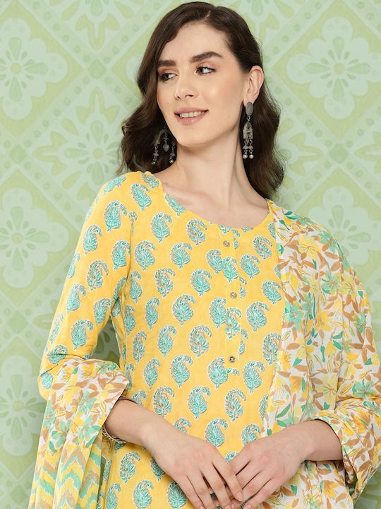 Yufta Women Paisley Printed Regular Pure Cotton Kurta with Trousers & With Dupatta Yellow