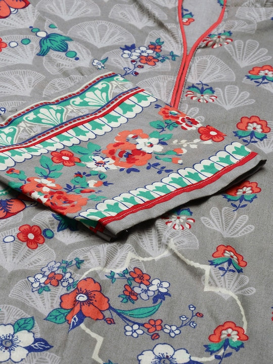 Vishudh Women Grey Printed Cotton Kurta with Trousers