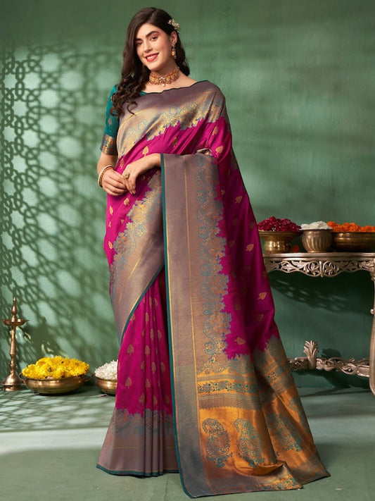 Sangria Green Ethnic Motifs Woven Design Pure Silk Banarasi Saree