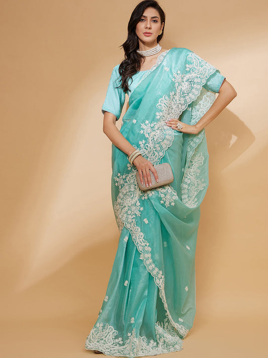 All about you Organza Embroidery Cut Work With Lace Border Saree