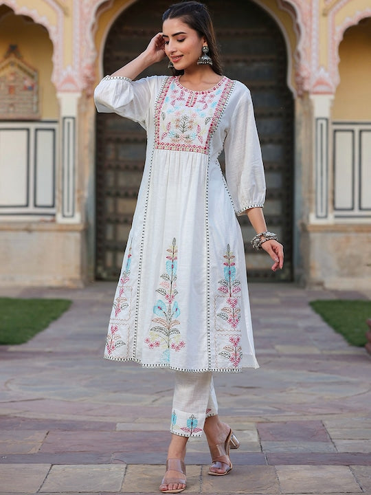 Juniper White & Pink Ethnic Motif Yoke Design Mirror Work A-Line Kurta With Trousers