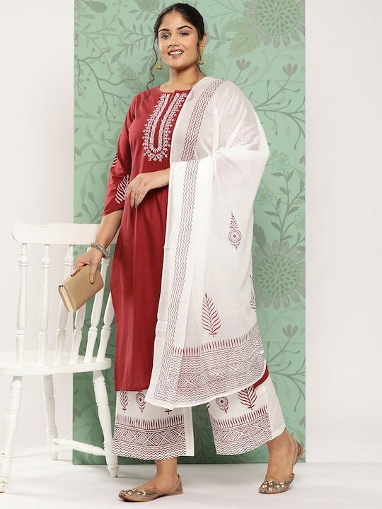 Yufta Plus Size Ethnic Motifs Embroidered Pure Cotton Kurta with Palazzos & With Dupatta Maroon