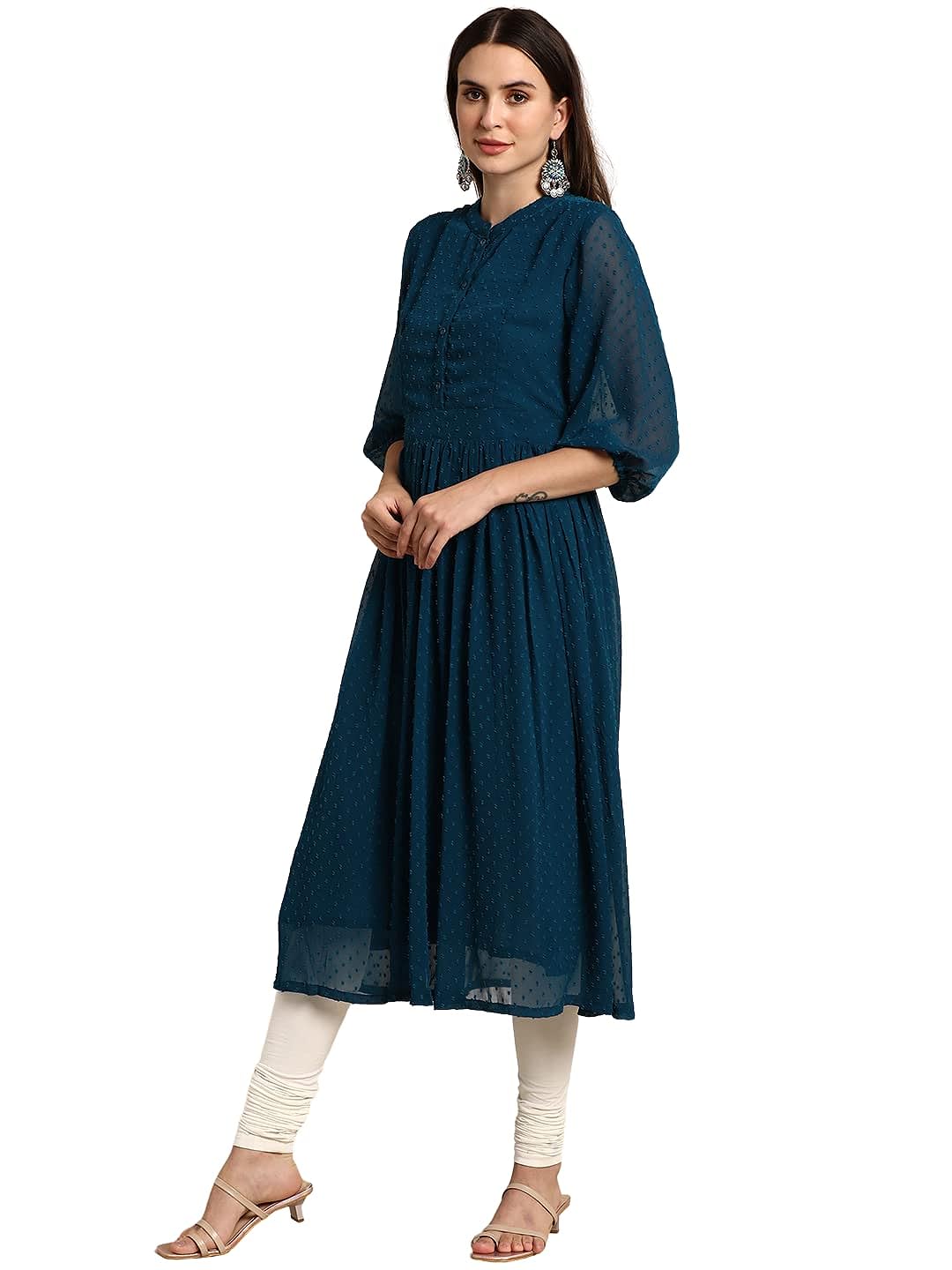 Janasya Women's Teal Poly Chiffon Self Design Flared Western Dress