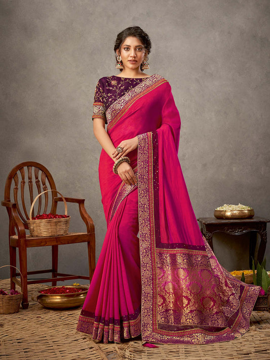 Odette Heavenly Pinkish Pink Saree with Unstitched Blouse