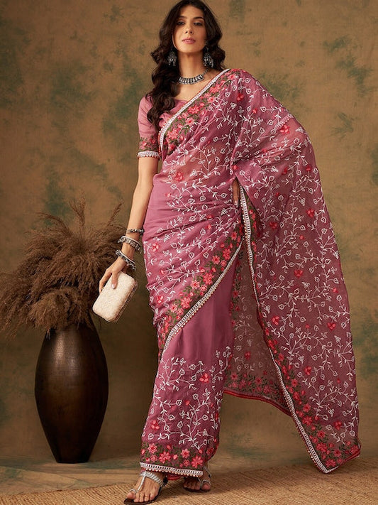 Sangria Floral Embroidered Saree