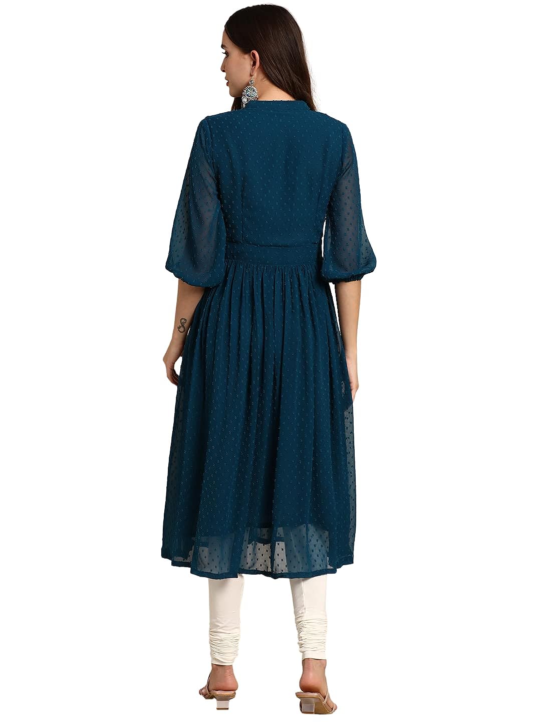 Janasya Women's Teal Poly Chiffon Self Design Flared Western Dress
