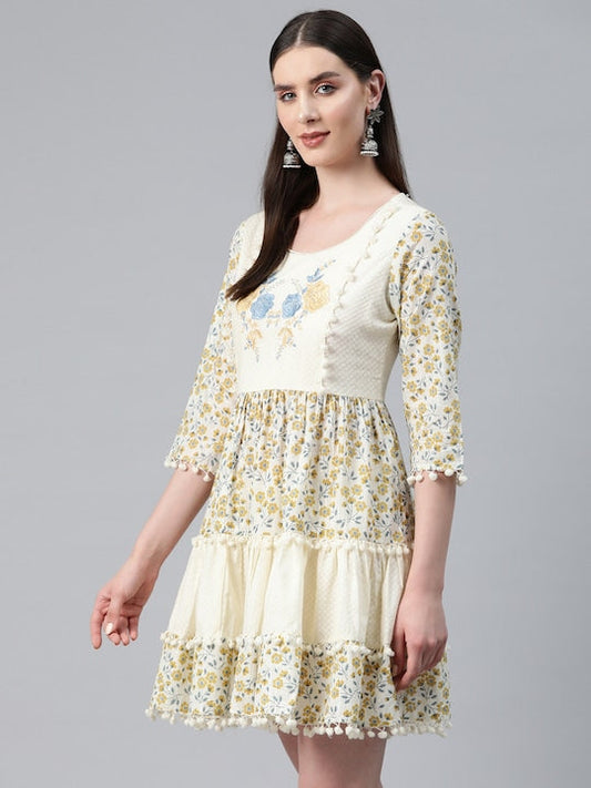 Readiprint Fashions Floral Print with Pom-Pom Detail A-Line Dress