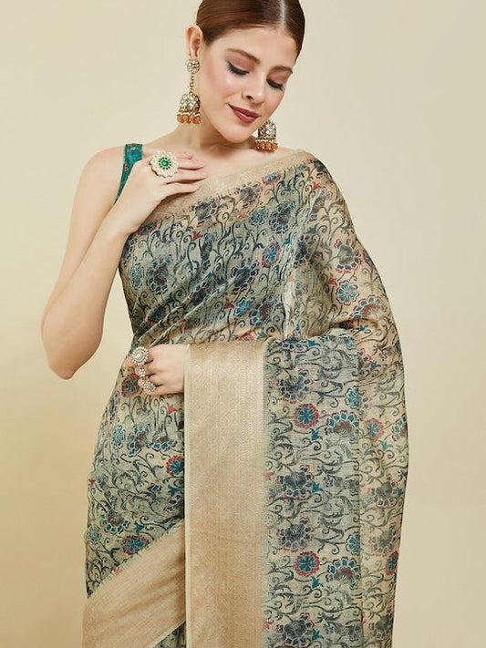 Soch Beige & Green Floral Zari Pure Silk Chanderi Saree