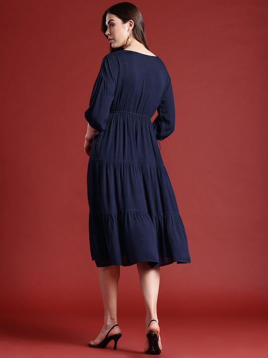All about you Puff Sleeves Tiered Midi Wrap Style Dress