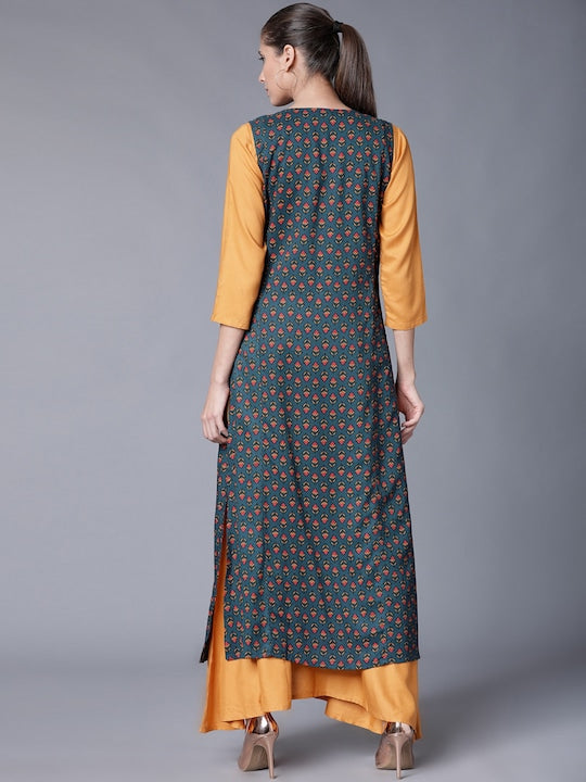 Vishudh Women Mustard Yellow & Teal Blue Printed Layered A-Line Kurta