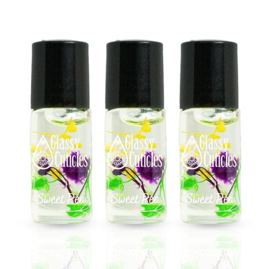 Classy Cuticles | Hand Blended Cuticle Oil | Vegan, Cruelty-Free, & Hydrating | Vitamin E, Jojoba, and Argan Oil | 5 mL Roller Bottle | Sweet Pea Scent | Pack of 3